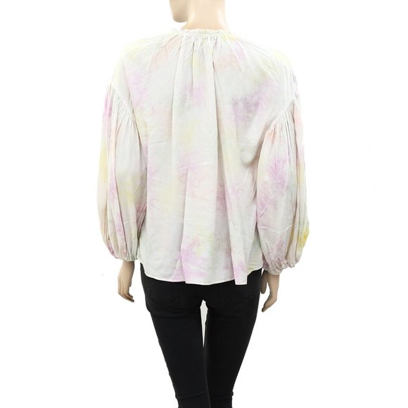 Saylor Tie & Dye Peasant Blouse Top Billowy Sleeves Ruffle Tesseled S - Picture 5 of 6
